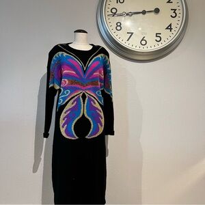 Vintage Black Dress with Vibrant Butterfly Design